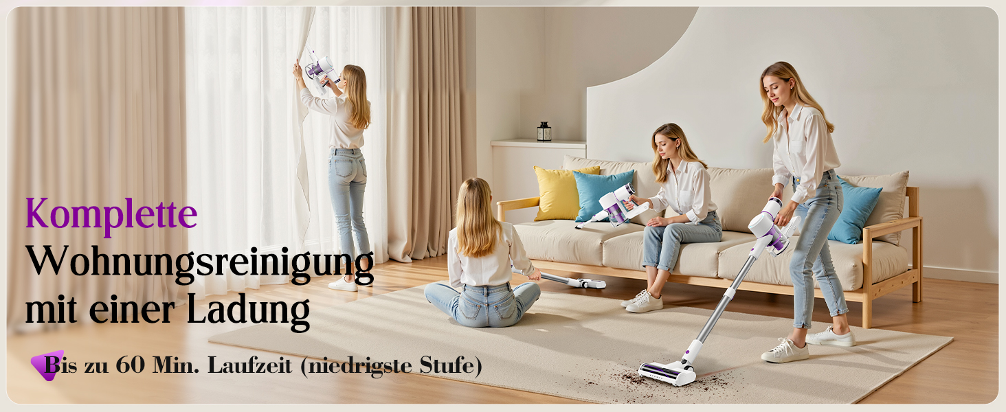 Бездротовий акумуляторний пилосос 45000 Па, 60 хв, 1.75 кг, 6-в-1 з сенсорним екраном, LED-підсвічуванням, антизаплутувальною насадкою та зарядною станцією, 7-шарова фільтрація для шерсті тварин, килимів, твердих поверхонь, авто, білий з фіолетовим