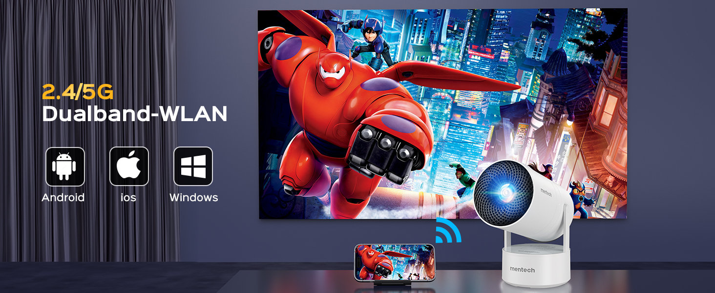 Aubor Mentech Mini Beamer 4K: Портативний проєктор для дому з Wi-Fi 6, BT 5.2 та Android OS, Auto Keystone, 180° та підтримкою HDMI.