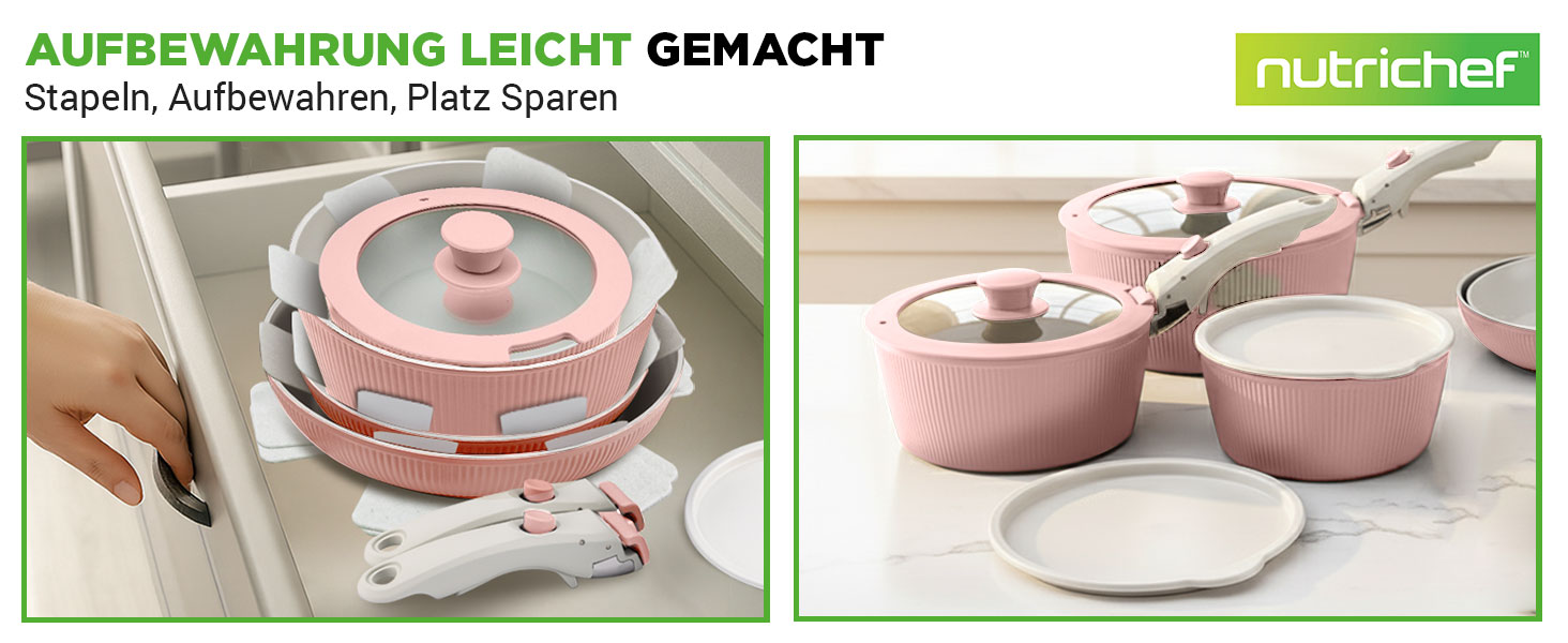 Набір посуду NutriChef 18 предметів керамічний рожевий з знімними ручками, для індукційних плит, антипригарний, компактний, для духовки, універсальний