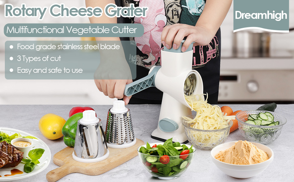 Ручна тертка для сиру та овочів Dreamhigh з ручкою, 3 змінні леза з нержавіючої сталі, для сиру, овочів, горіхів, моркви, огірків, білий колір