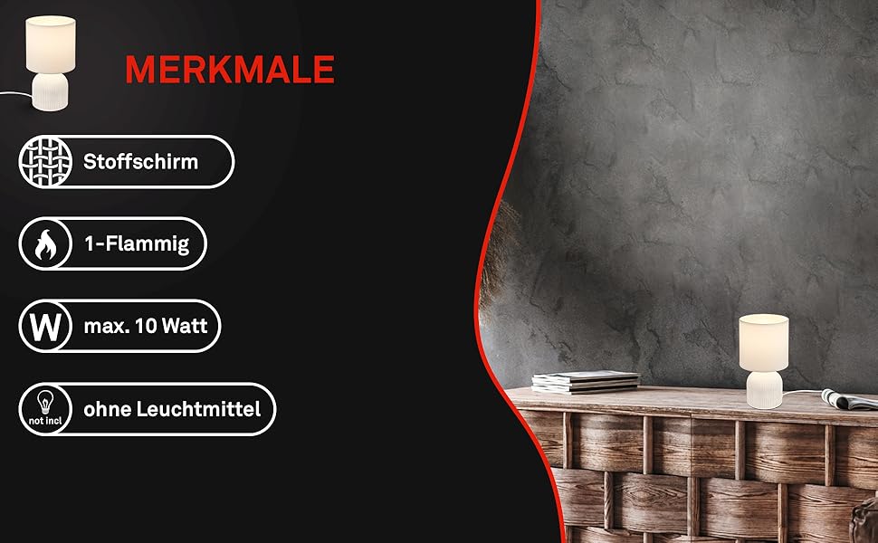 Лампа настільна BRILONER з тканинним абажуром, вимикачем на кабелі, керамічним цоколем, 15x28 см (ДxВ), білий