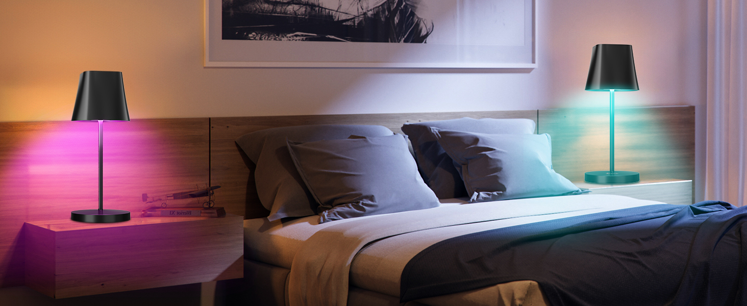 LED настільна лампа Quntis бездротова, торцева, з регулюванням яскравості, акумуляторна, USB, 3000K-5000K, IP44, для дому та вулиці, чорна (2, 3 колірні температури + RGB)