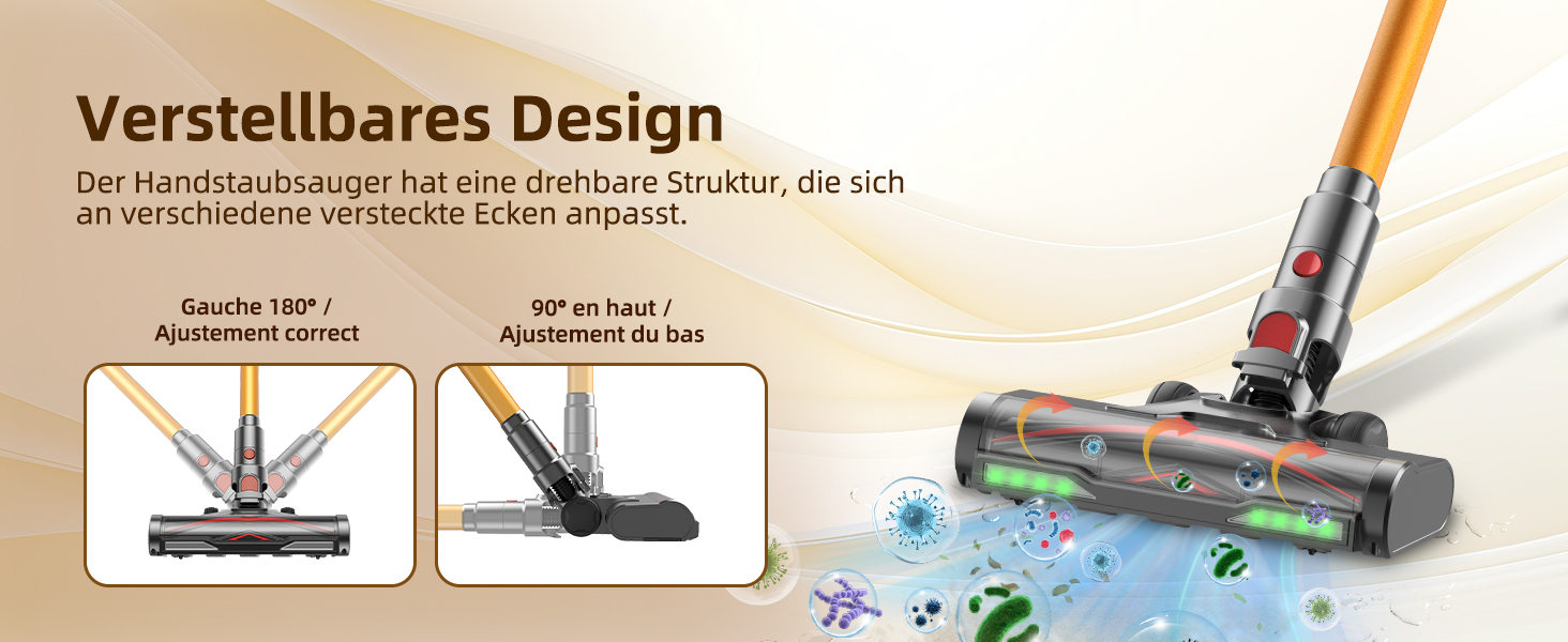 Бездротовий акумуляторний пилосос 58000Pa/550W з LED-дисплеєм та антизаплутувальною насадкою, об'єм 1.8L, для видалення шерсті тварин, килимів, твердих поверхонь та авто, колір золотий