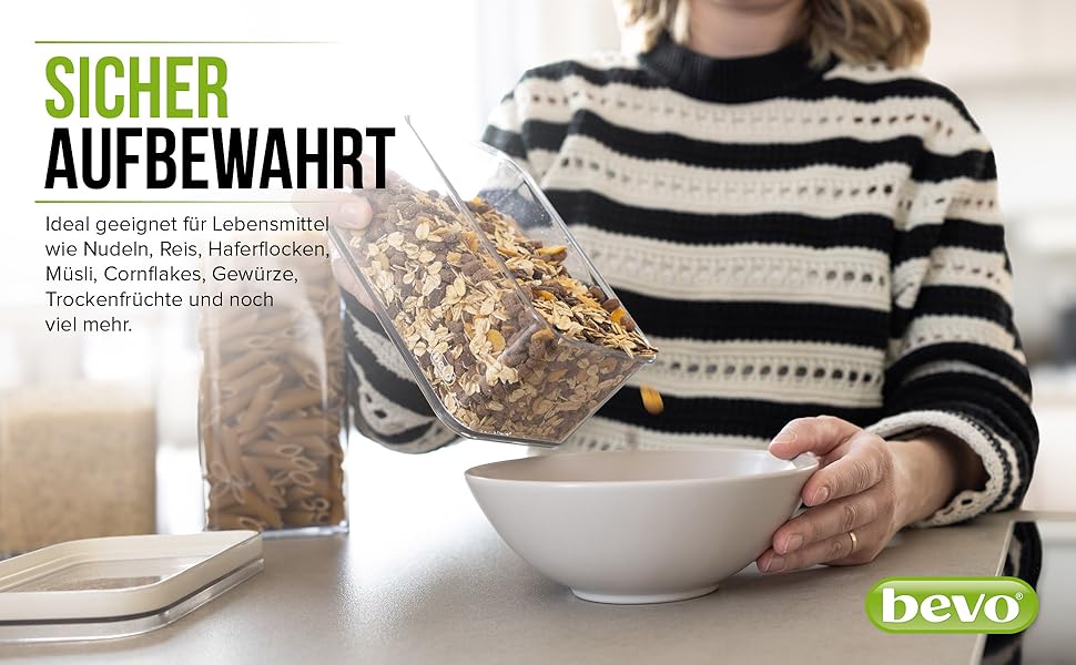 bevo - Set of 5 Storage Containers for the Kitchen made of PET with Lid for Food - Storage Containers & Storage Boxes BPA-free, Airtight - Boxes for Storing & Organizing Cereal, Flour, Pasta & Rice