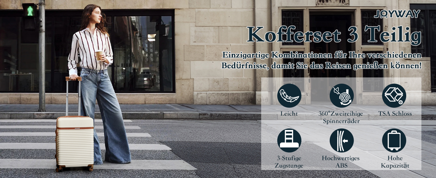 Набір валіз Joyway з ABS пластику, розширюваний, 3 шт. (55 см), з TSA замком та розширюваним об'ємом. Включає: валізу, сумочку, кулькову сумку. Білий колір.