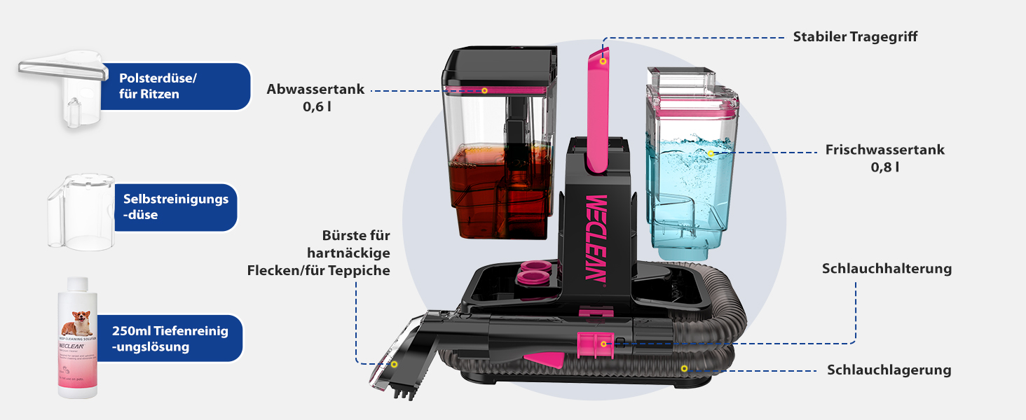 WECLEAN Миючий пилосос для килимів та м'яких меблів, портативний, 350W, двобаковий, чорний та рожевий