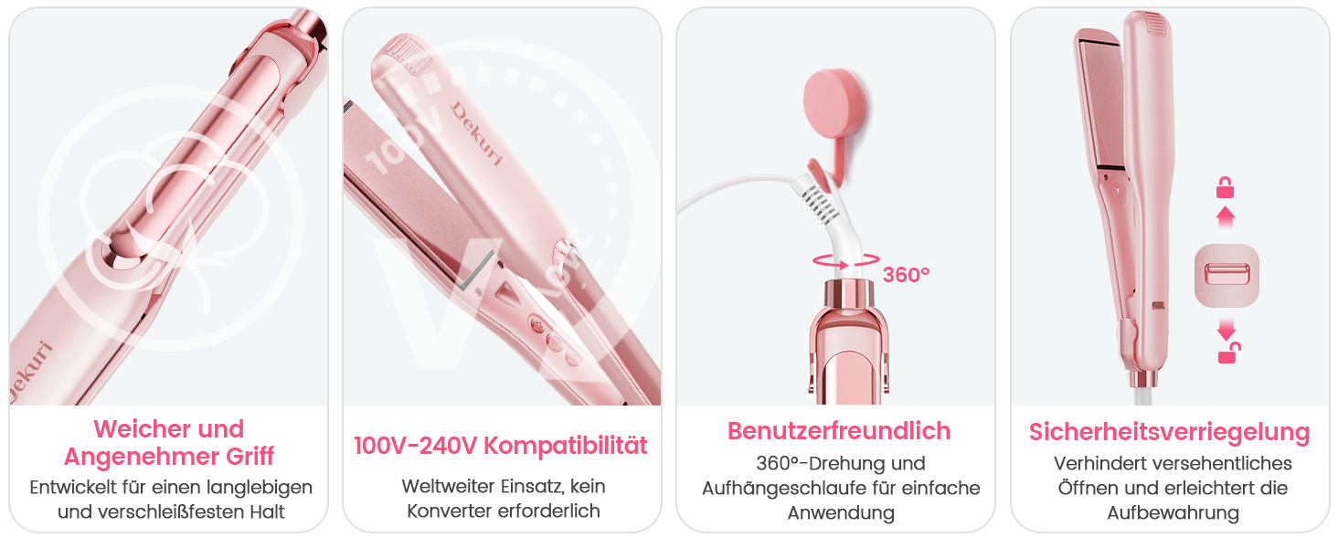 Dekuri 42mm Ceramic Hair Straightener & Curling Iron - Pink - Adjustable Temperature 120°C-230°C