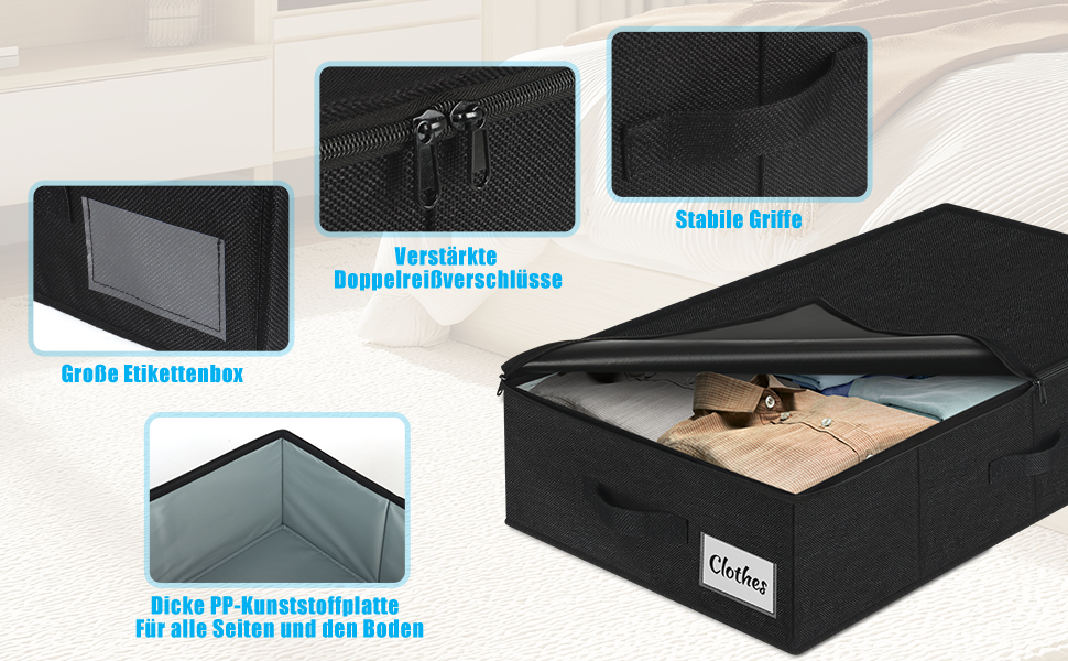 Коробки для зберігання під ліжко з кришкою, 2 шт, складані, для одягу та ковдр, 76x38x17 см (Чорний)