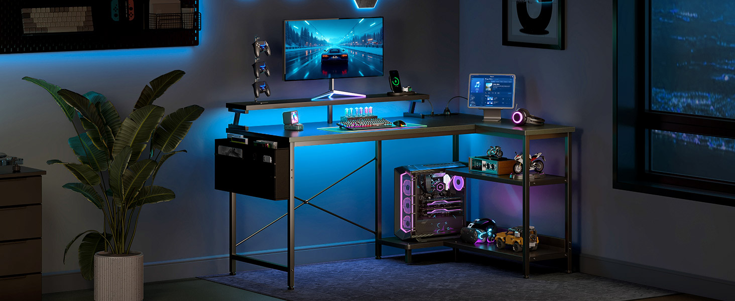 Ігровий стіл L-подібний Coleshome з LED-підсвічуванням та розетками, 120x80 см, з полицею, чорний, для офісу/робочого кабінету