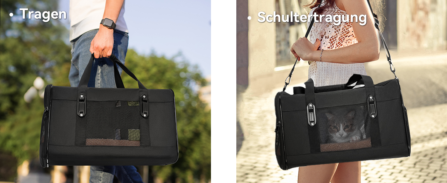 Транспортна переноска для кота та маленького собаки Petsfit, чорна, середнього розміру, з м'яким килимком та патентованими застібками