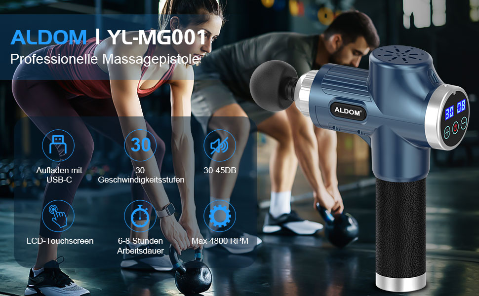 ALDOM Electric Massage Gun - Muscle Therapy Device with 30 Speed Settings & 8 Attachments - Blue