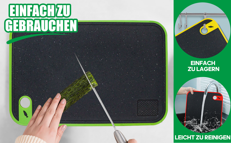 Набір з 3 дощок для нарізання з пластику, кухонні дошки з антибактеріальним покриттям, неслизькі з жолобом для соку та пресом для часнику (червоний, жовтий, зелений)