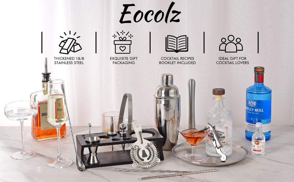 750ml Stainless Steel Cocktail Shaker Set with Bamboo Stand & Recipe Book - 17 Piece Bar Set for Bartenders, Gifts for Women (Black Silver)