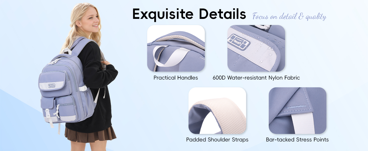 Рюкзак для підлітка, шкільний рюкзак для дівчинки з багатьма відділеннями, рюкзак для учнів 3-5 класів, середньої та старшої школи, нейлоновий рюкзак для подорожей та відпочинку, блакитний