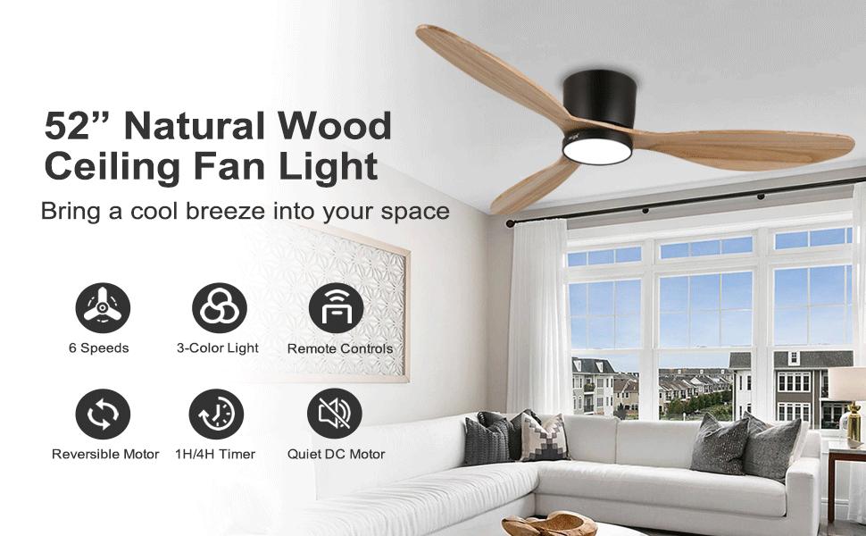 Вентилятор стельовий Reiga з пультом, 132см, з лампою, 6 швидкостей, Smart Alexa, колір дерева