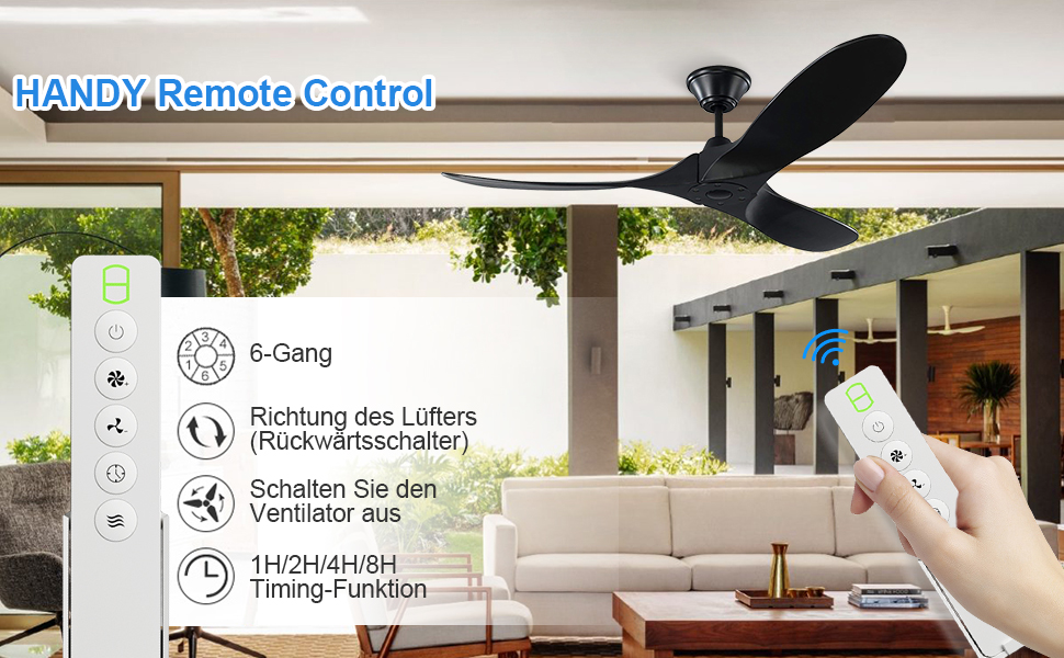 Стеля вентилятор 152 см з ДК-двигуном, 60 дюймів, з пультом керування, 3 лопаті, для дому та вулиці, з таймером (чорний)
