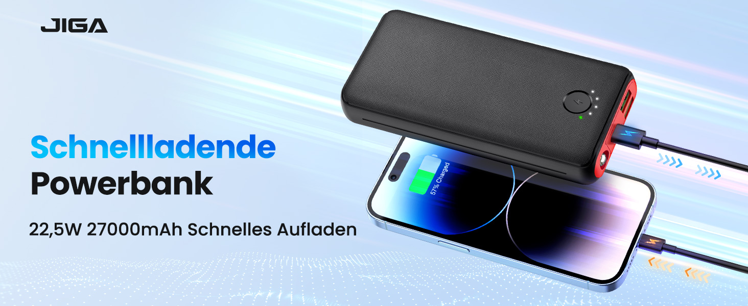 Power Bank JIGA 27000mAh з PD 22,5W та USB-C, з ліхтариком, чорно-червоний, сумісний з iPhone, Samsung, Huawei, iPad