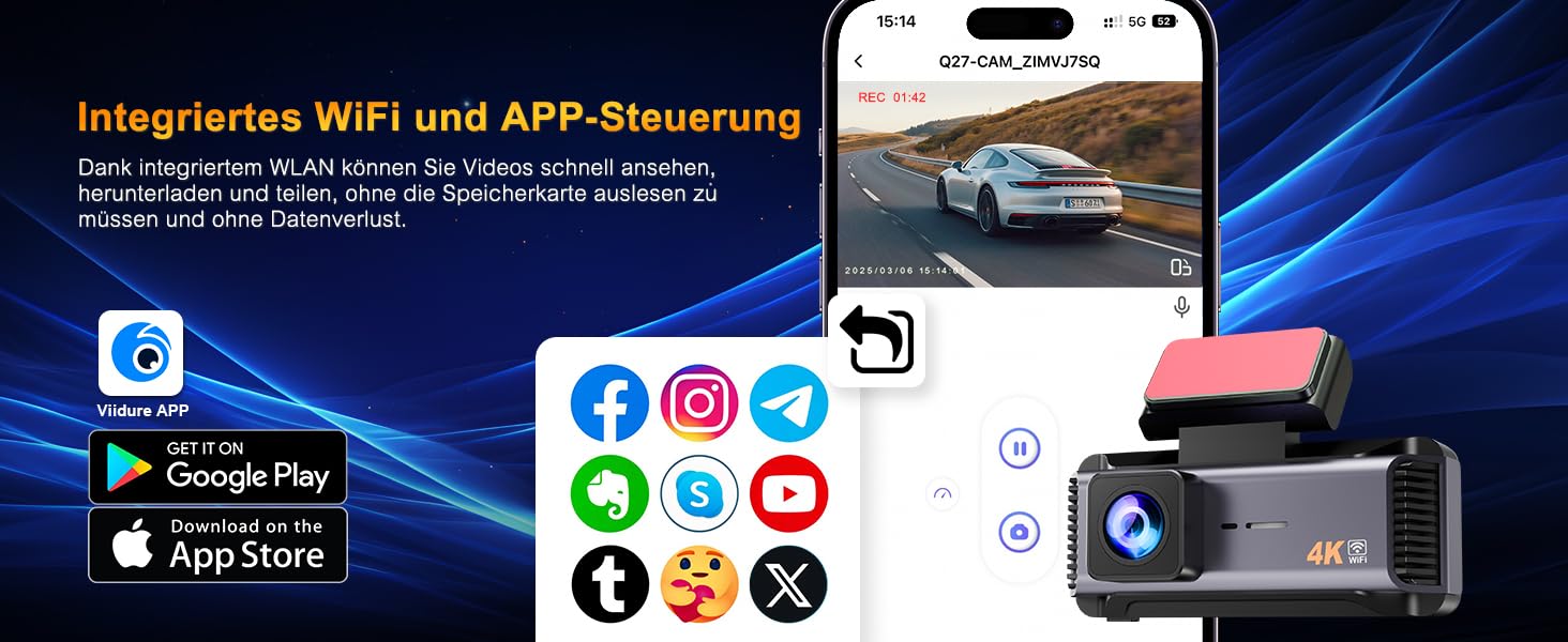 Автомобільний відеореєстратор 4K з 2.99'' екраном, 5G WiFi, SD-картою 64ГБ, нічною зйомкою WDR, кутом 170°, G-сенсором та режимом паркування