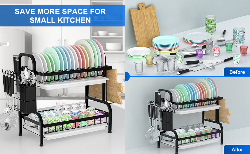 Сушарка для посуду Astoryou 2-ярусна, чорна, з підставкою для столових приборів, з нержавіючої сталі (42x23x41 см)