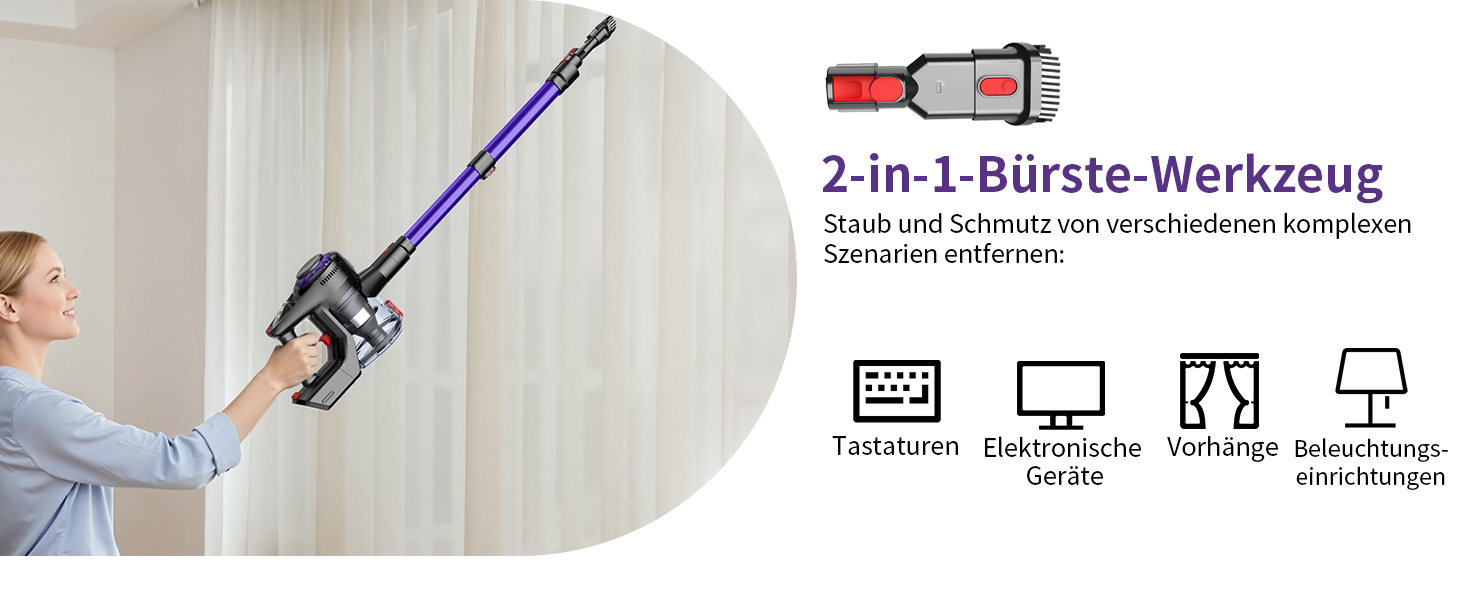 Бездротовий акумуляторний пилосос 450W, 40KPa, без мішка з HEPA-фільтром та LED-дисплеєм, антизаплутана щітка, самостійна підставка з кріпленням на стіну, час роботи 50 хв, для килимів, твердих підлог, шерсті тварин та авто