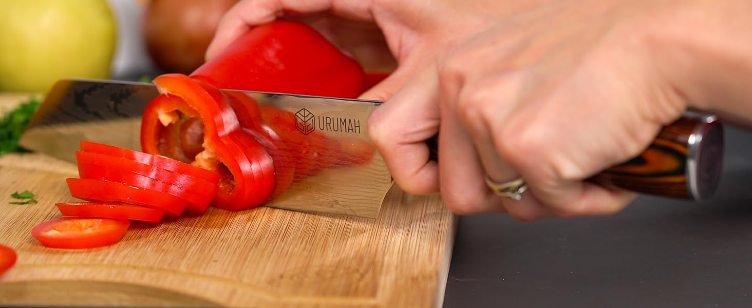 Японський ніж Kiritsuke від URUMAH: професійний ніж шеф-кухаря з високоякісної сталі 7CR17MoV з дерев'яною ручкою. У подарунковій коробці з захистом леза.