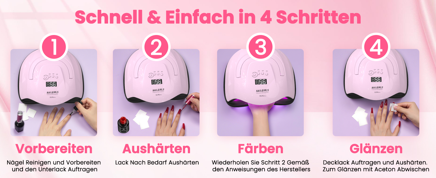 LED UV лампа для нігтів NAILGIRLS 150W з таймером, датчиком, LCD дисплеєм та знімною магнітною платформою. Підходить для гель-лаку, нігтів рук та ніг (Рожевий 268W)