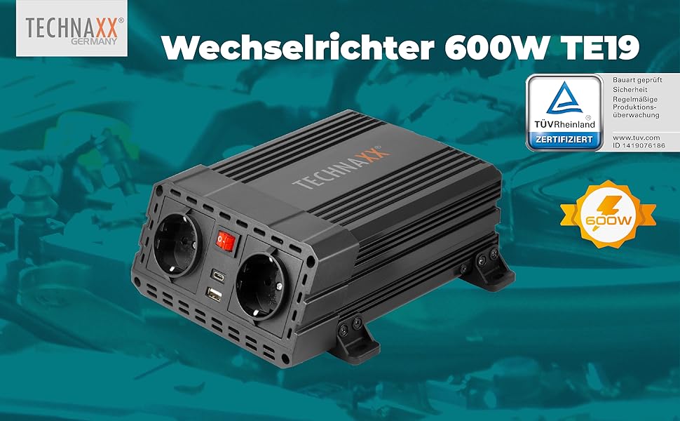 Автомобільний інвертор Technaxx TE19 12V–230V, 600Вт, 2x Schuko, 2x USB, сертифікований TÜV Rheinland