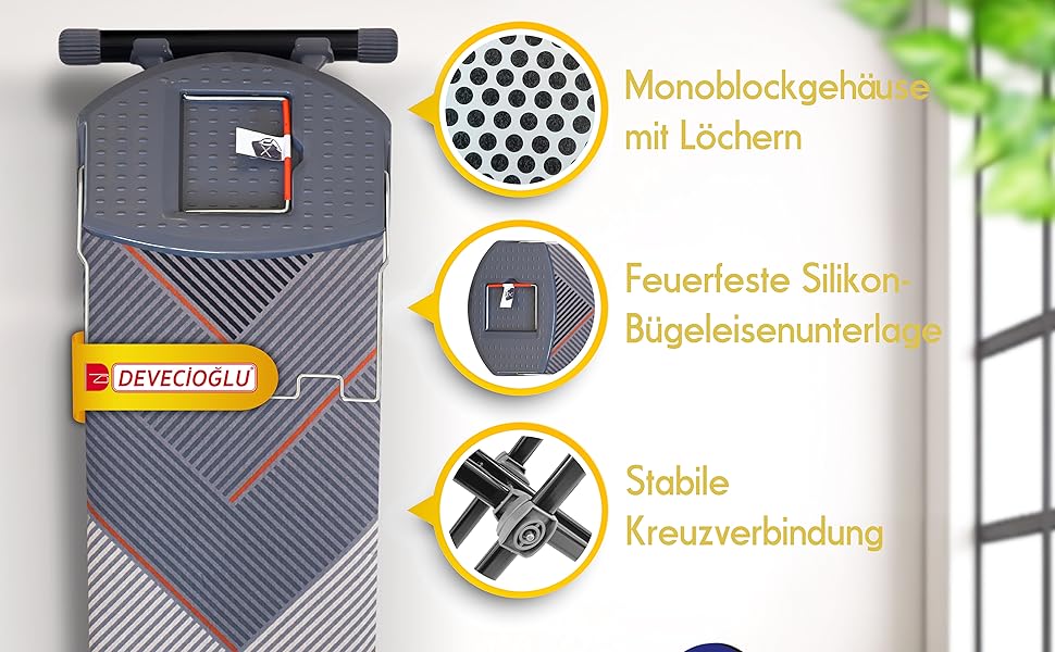 Прасувальна дошка DEVEÇİOĞLU 156x45 см з чохлом 140x40 см, для парогенераторів, складна, ідеальна як настільна прасувальна дошка