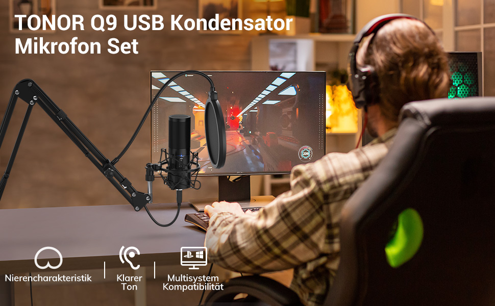 Мікрофон TONOR Q9 з USB, Комплект для запису, Подкасти, Стрімінг, Комп'ютерний мікрофон, 192 kHz/24 Bit