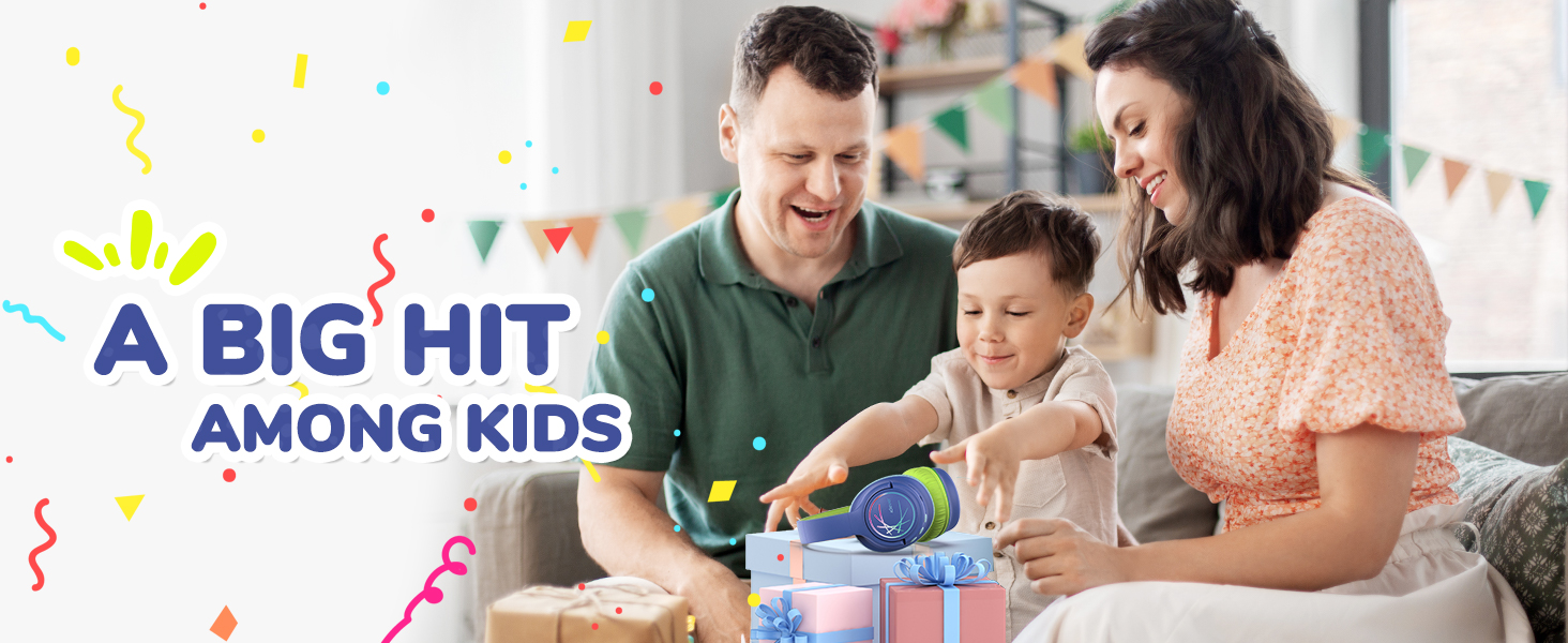 iClever Бездротові навушники для дітей з LED-підсвіткою, обмеження гучності 74/85 дБ, 43 години роботи, стерео звук, Type-C, AUX-кабель, Bluetooth 5.3, для планшетів/подорожей (зелено-блакитний)