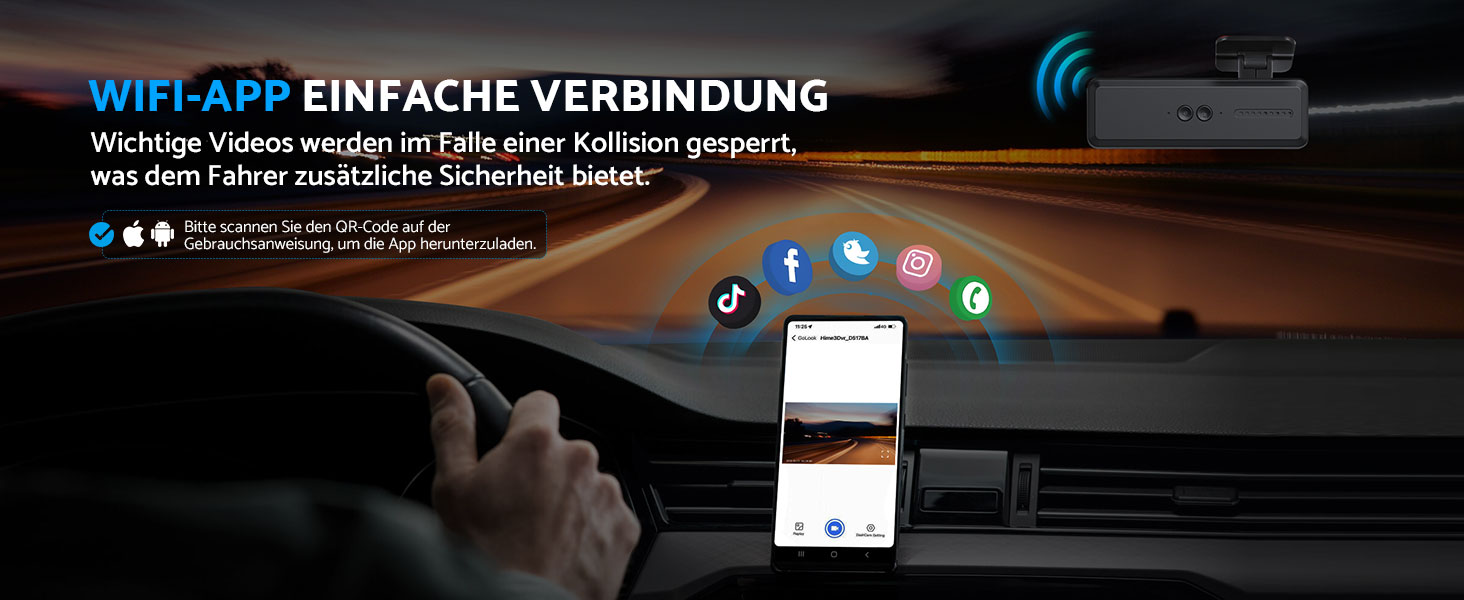 eSynic Mini Dashcam: Автомобільний відеореєстратор з Wi-Fi, 1080P Full HD, 160° Кут огляду, Нічне бачення, G-сенсор, Паркувальний режим, Керування через додаток, 32GB SD-карта в комплекті (Дві камери - передня та задня)