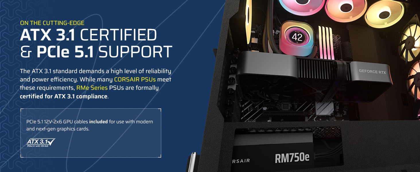 Блок живлення Corsair RM1000e 2025 RMe Serie 1000W ATX 3.1 PCIe 5.1 Cybenetics Gold повністю модульний