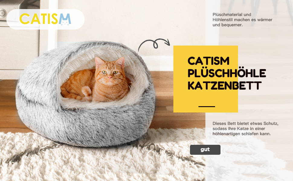 CATISM Ліжко для котів пухнасте, 50 см, м'яке лежанка для великих котів і кошенят, пране, зручно, універсальне для собак, кава (сірий)