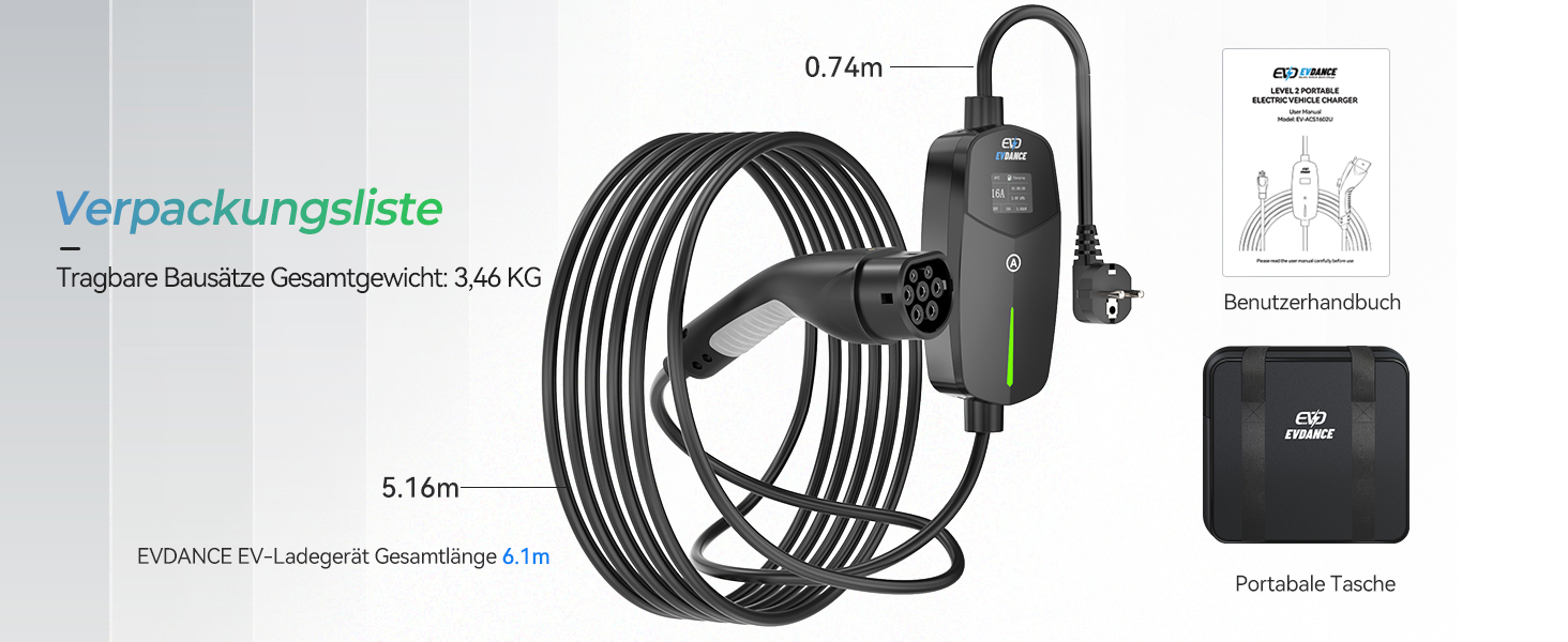 Кабель для зарядки електромобіля Type 2 Schuko, 3.68kW, 6.1м, 6-16A (чорний)