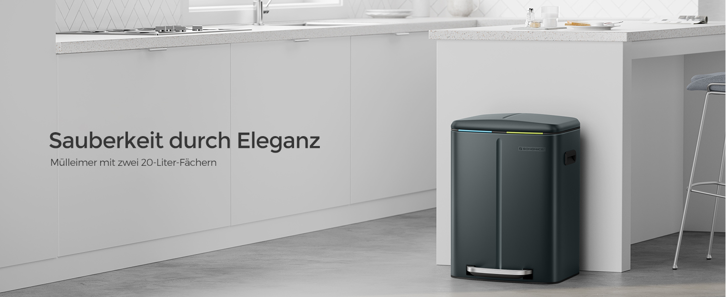 SONGMICS Відро для сміття 40 л з 2 відсіками, 2 x 20 л, з педаллю, з металу, з пластиковим внутрішнім відром, з кришкою, з ручками, Softclose, герметичне, біле LTB40WT (зелено-сіре)