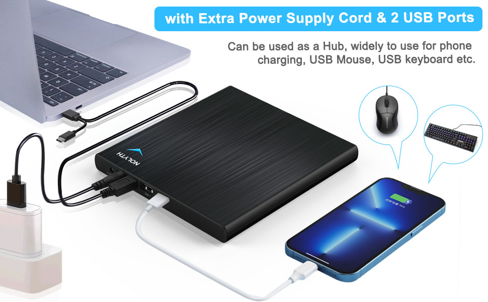 Зовнішній CD/DVD-привід USB 3.0 Type-C з аудіовиходом та USB-портами, тонкий DVD-RW плеєр та записувач для ноутбука, MacBook, Apple, чорний