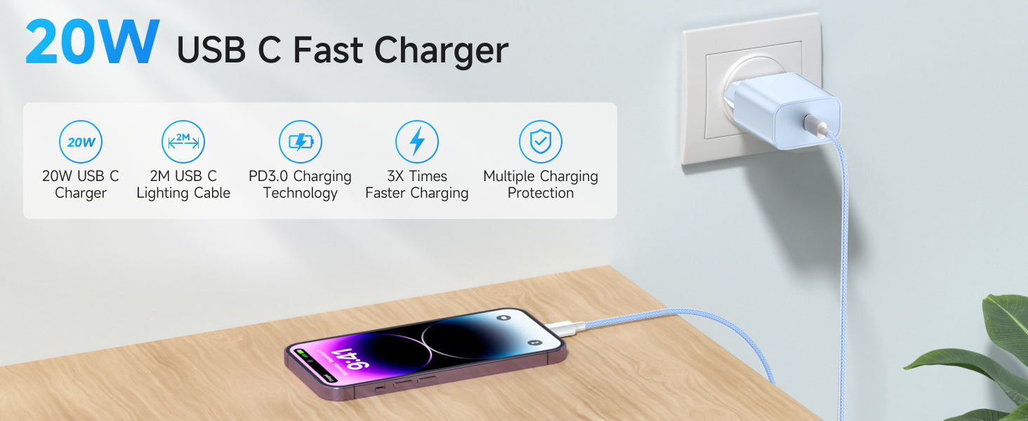 Зарядний пристрій 20W USB-C з кабелем Lightning для iPhone 14/13/12/11/X/SE (2 шт) - Синій