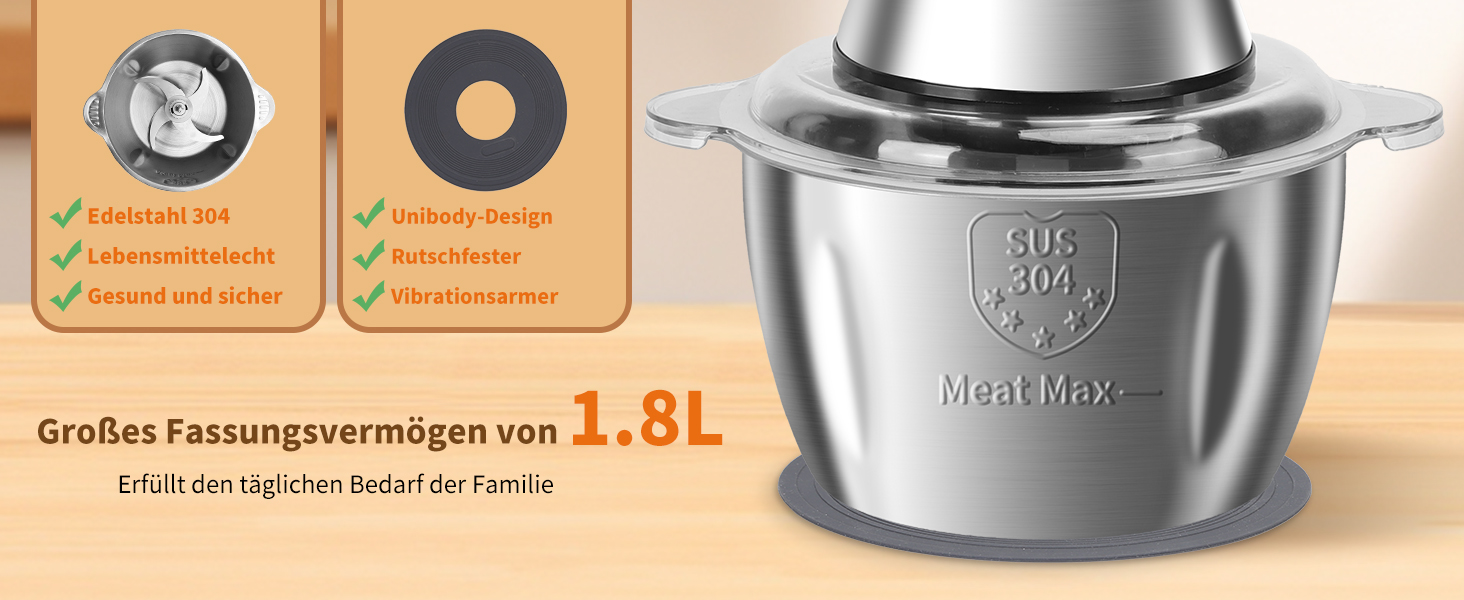 Електричний подрібнювач Aigostar Flor 500W з нержавіючою чашею 1.8L та 4-ма лезами, 2 швидкості для м'яса, овочів та горіхів