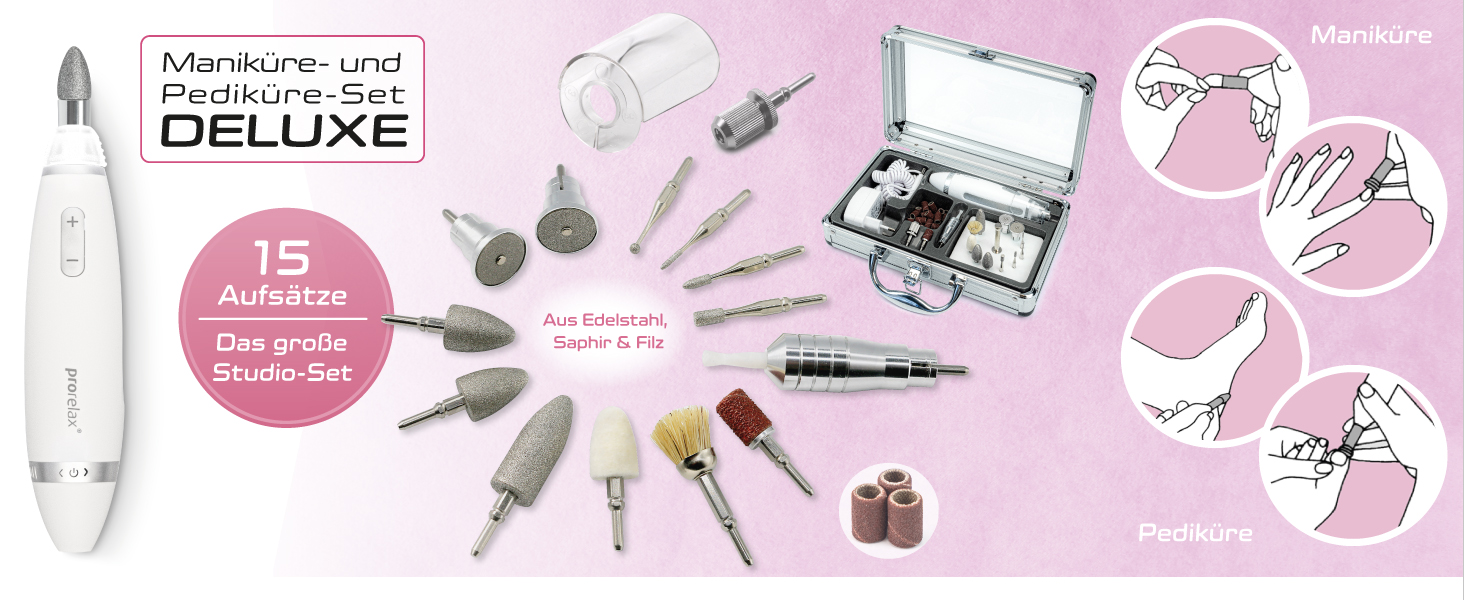 Набір для манікюру та педикюру Prorelax | Професійний догляд за руками та ногами вдома та в дорозі | 5 насадок з хірургічної сталі (Deluxe)