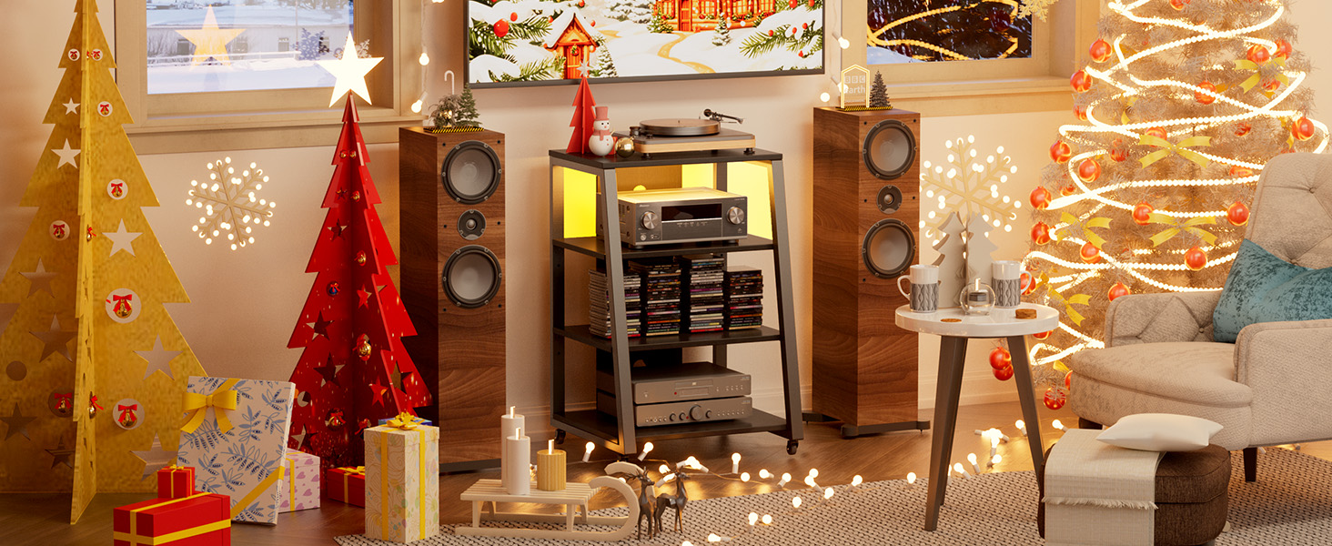 Lifewit Аудіостійка HiFi з полицями, колесами та LED-підсвіткою, 60x55x90 см, коричнево-чорна