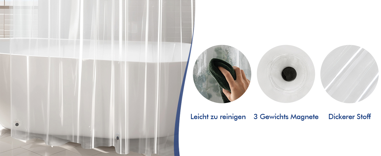 Шторка для душу MIULEE 180x210 см прозора з антигрибковим покриттям, пластикова, водонепроникна, з магнітними вагами, швидковисихаюча, з 12 кільцями, для ванни, 1 шт.