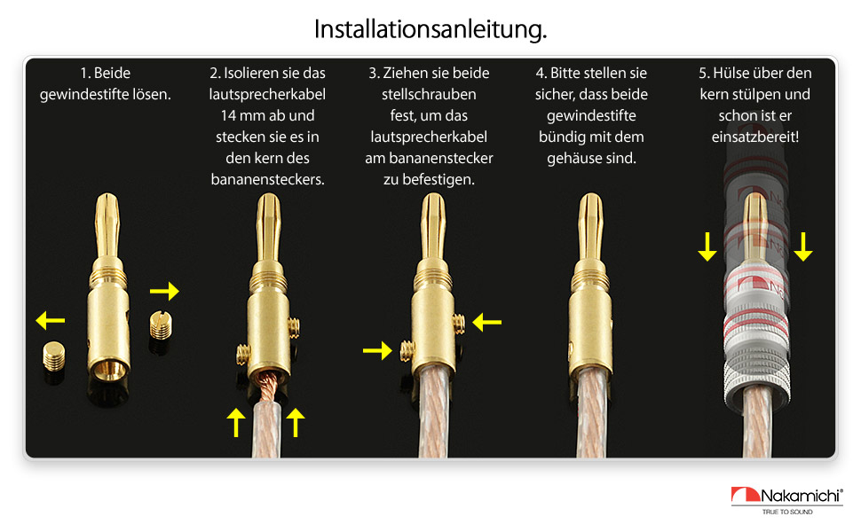 Штекери Nakamichi 24K позолочені бананники 12-18 AWG для акустики, підсилювачів, Hi-Fi, AV-ресиверів, стерео, домашнього кіно, аудіокабелів, 4 шт. (2 пари)