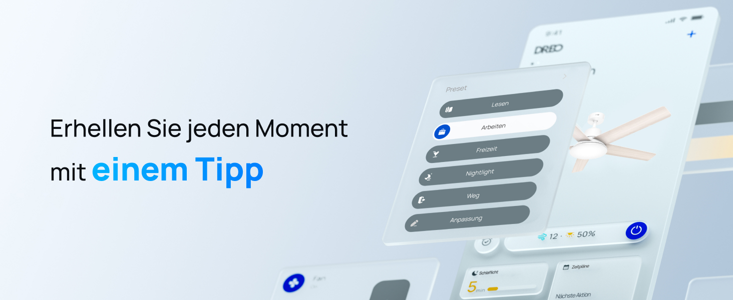 Дрео Смарт стельовий вентилятор з підсвічуванням, 132 см, 12 швидкостей, 3 режими, регульоване LED-підсвічування, тихий DC-двигун, 12H таймер, керування пульт/APP/Alexa, для дому, білий