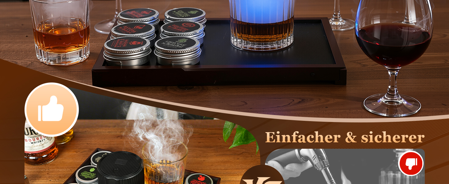 Електричний набір для копчення коктейлів з 4 режимами підсвічування, перезаряджуваний, для віскі, 6 дерев'яних стружок, без бутану, подарунок для чоловіків, батьків, коханих FY01