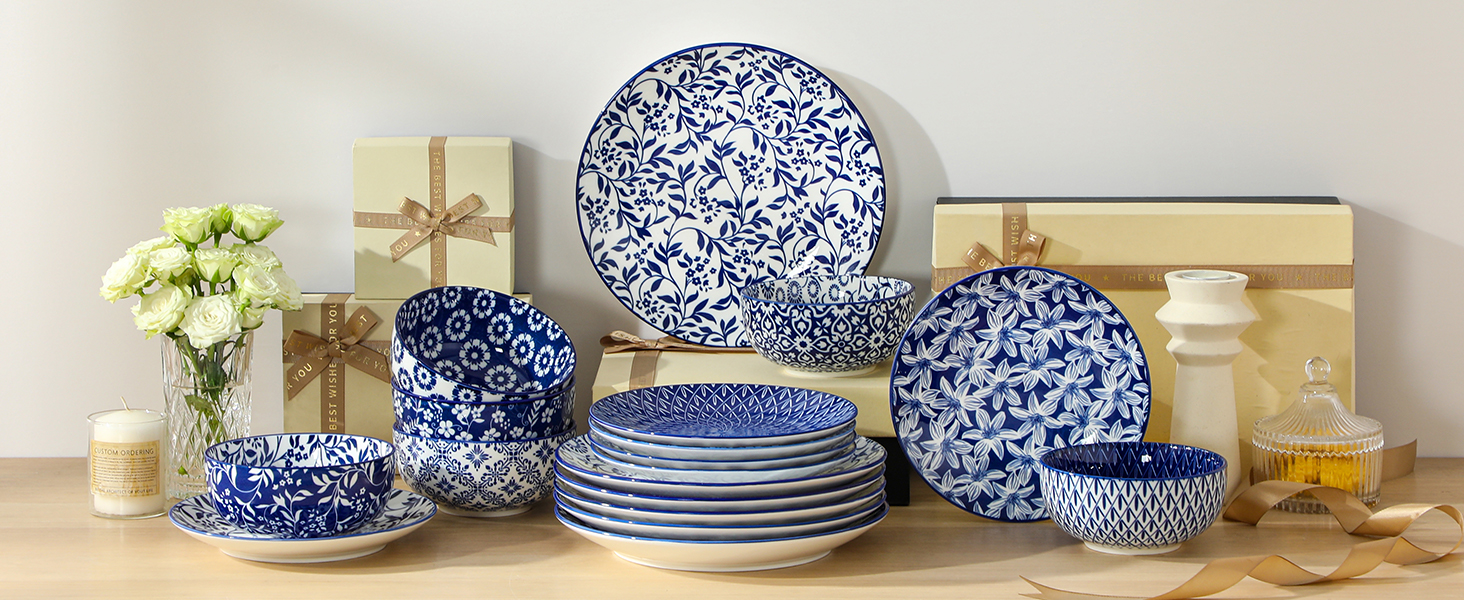 Набір посуду на 6 осіб Vancasso Selene 24-частинний: тарілки, супові тарілки, салатники, миски. Керамічний сервіз з порцеляни, блакитно-білий.