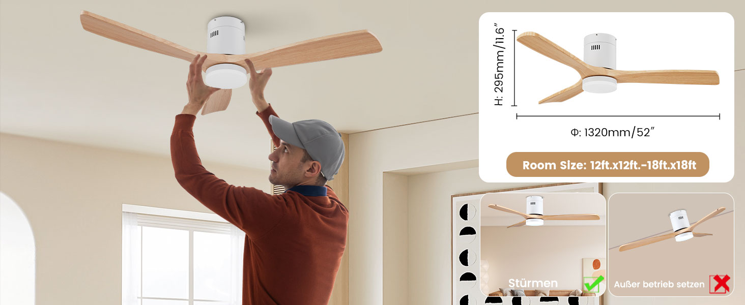 Стеляний вентилятор Holz з підсвічуванням, регулюванням яскравості LED 24W, тихий DC-двигун 38W, діаметр 132 см, з пультом дистанційного керування та таймером, 6 швидкостей, дерев'яний дизайн