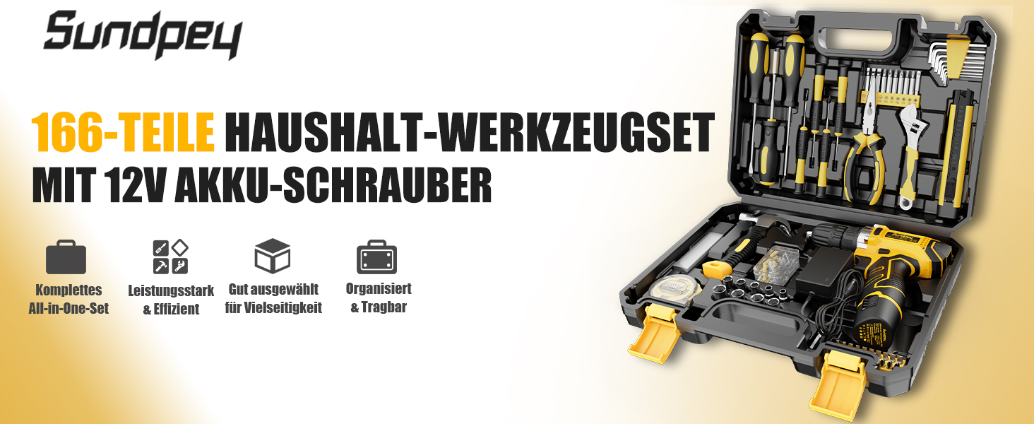 Набір інструментів Sundpey 166 шт. з акумуляторною дрилі 12V для дому, ремонту та саду (жовтий)