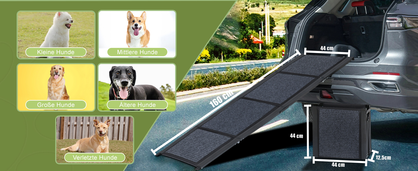 Рампа для собак SMONTER Extra Long, 160 см, чорна: для авто, вантажівок, SUV. Антиковзка поверхня, стабільна, для великих та середніх собак