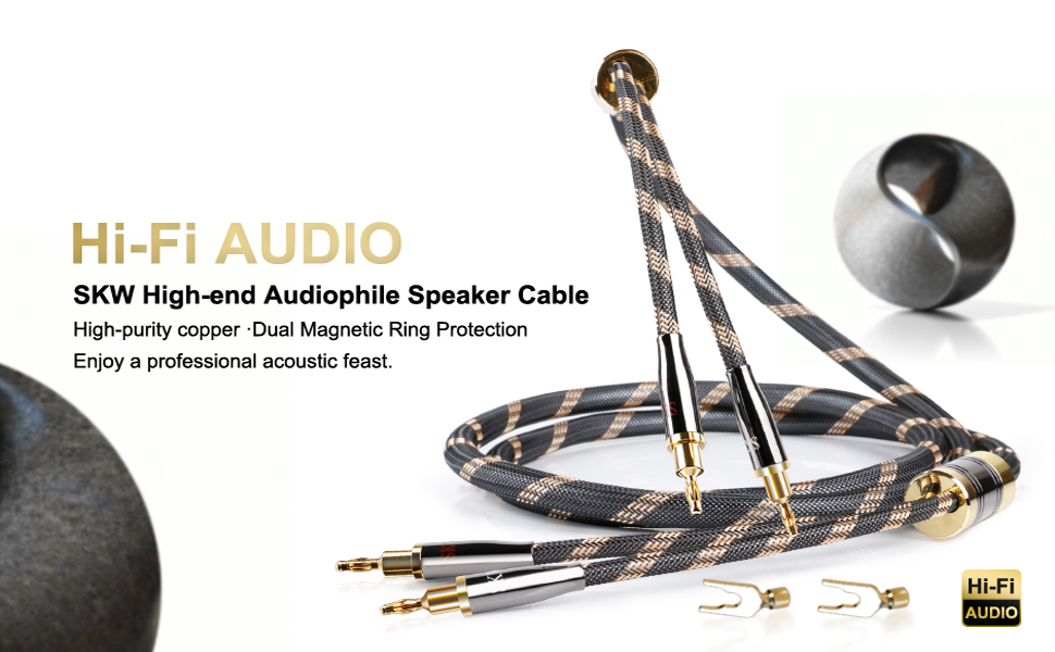 Акустичні кабелі SKW для колонок Hi-Fi, пара (2 шт.), 1.5м, з позолоченими роз'ємами-бананами та нейлоновим обплетенням, аудіофільна якість
