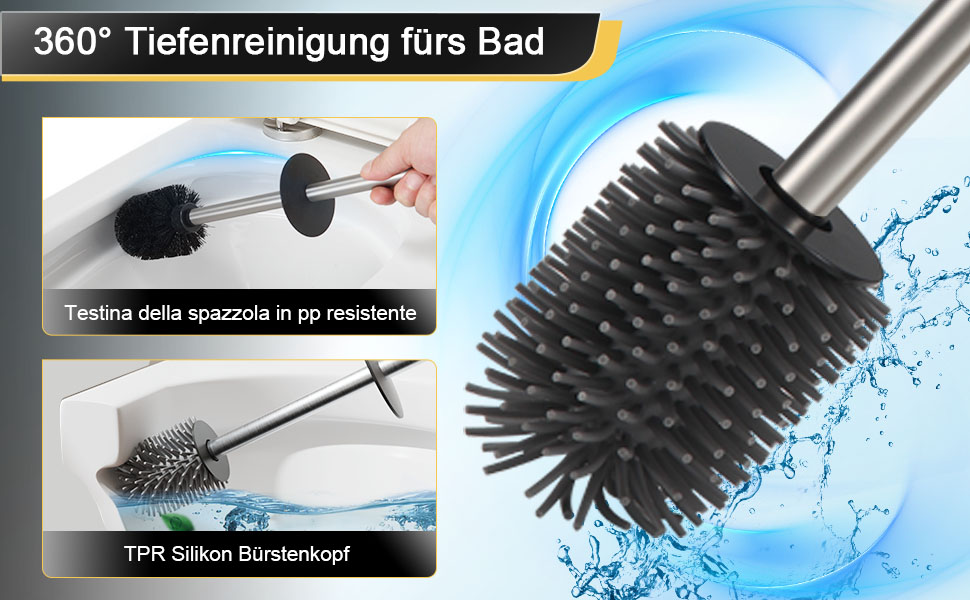 Підлогова щітка для унітазу Dazi з нержавіючої сталі, металева, матова, з 2 довгими щітками для глибокого очищення, запобігає розбризкуванню та засміченням (нікель)